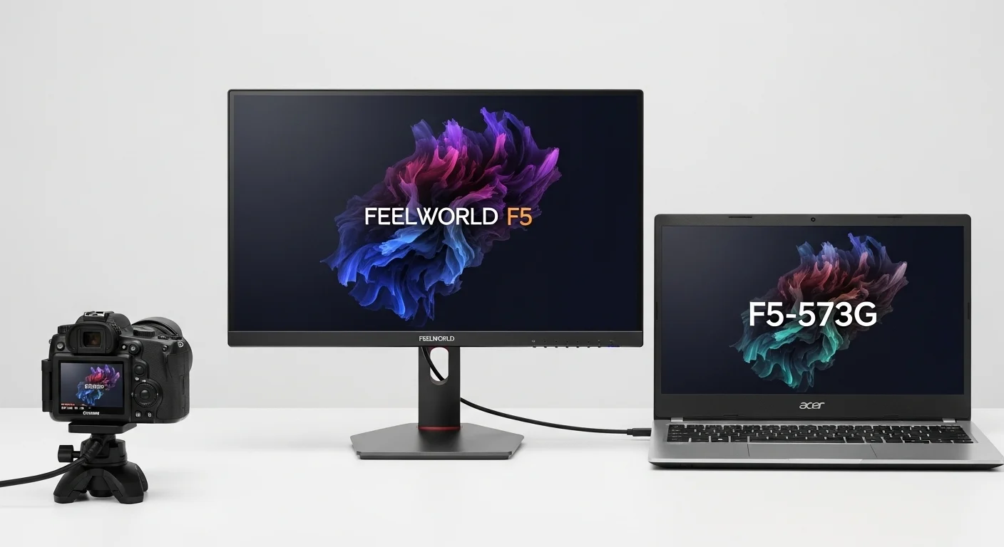 Un flujo de trabajo tecnológico mostrando un monitor Feelworld F5 conectado a una cámara, y al lado una laptop Acer F5-573G lista para la edición, simbolizando la conexión entre hardware F5.