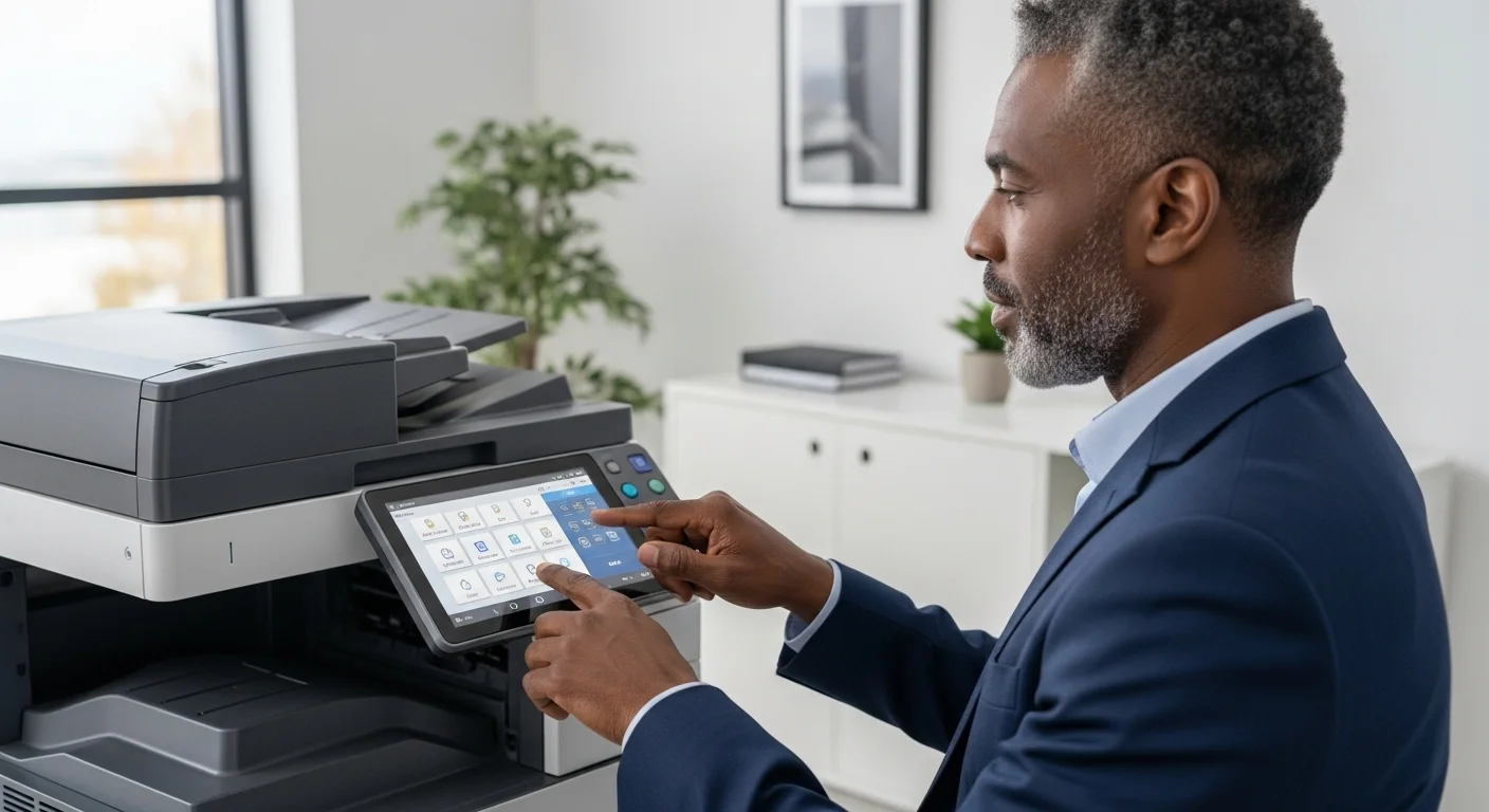 Primer plano de un empleado utilizando el panel de una fotocopiadora multifuncional para negocio de última generación, destacando la tecnología de oficina.