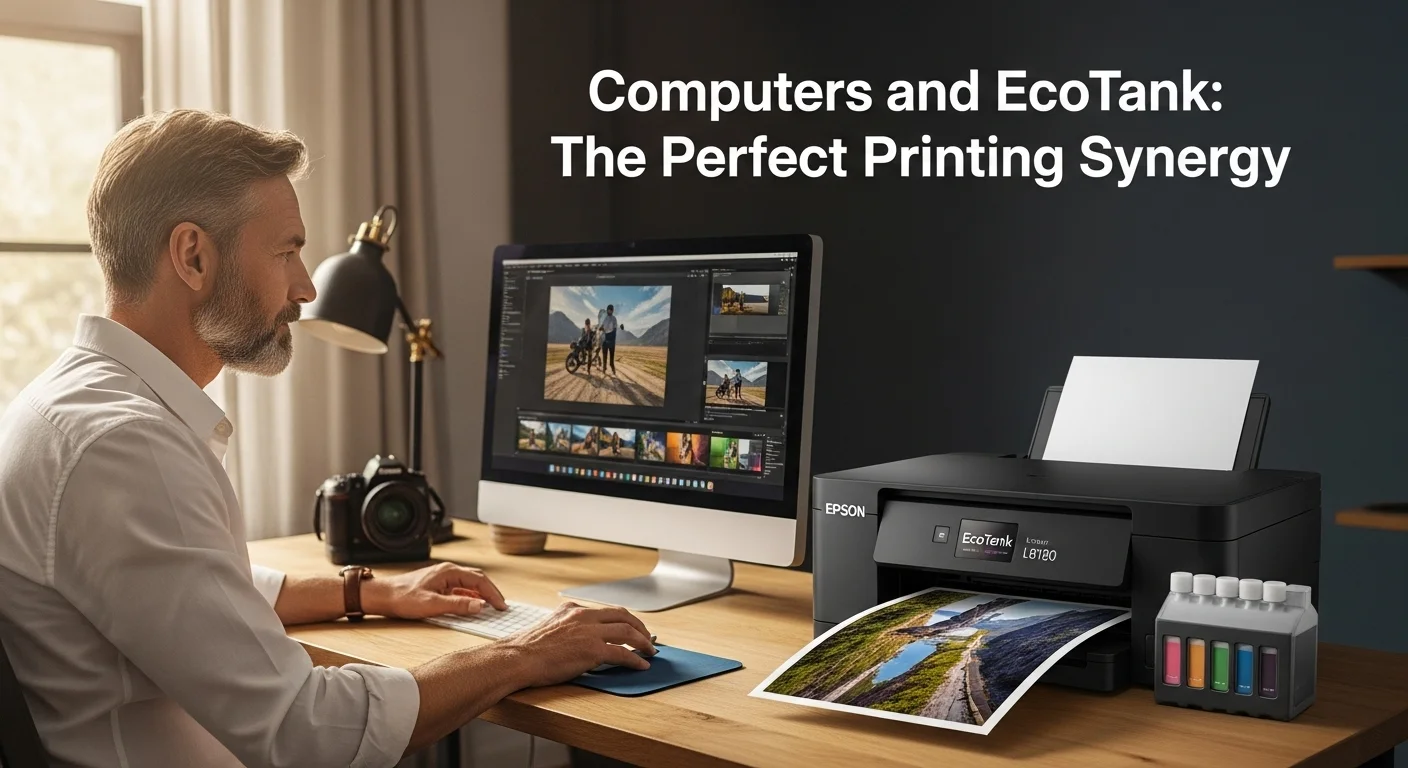 Un fotógrafo profesional editando una imagen en una computadora de alta gama junto a una impresora Epson EcoTank L8180 que muestra una impresión de calidad.