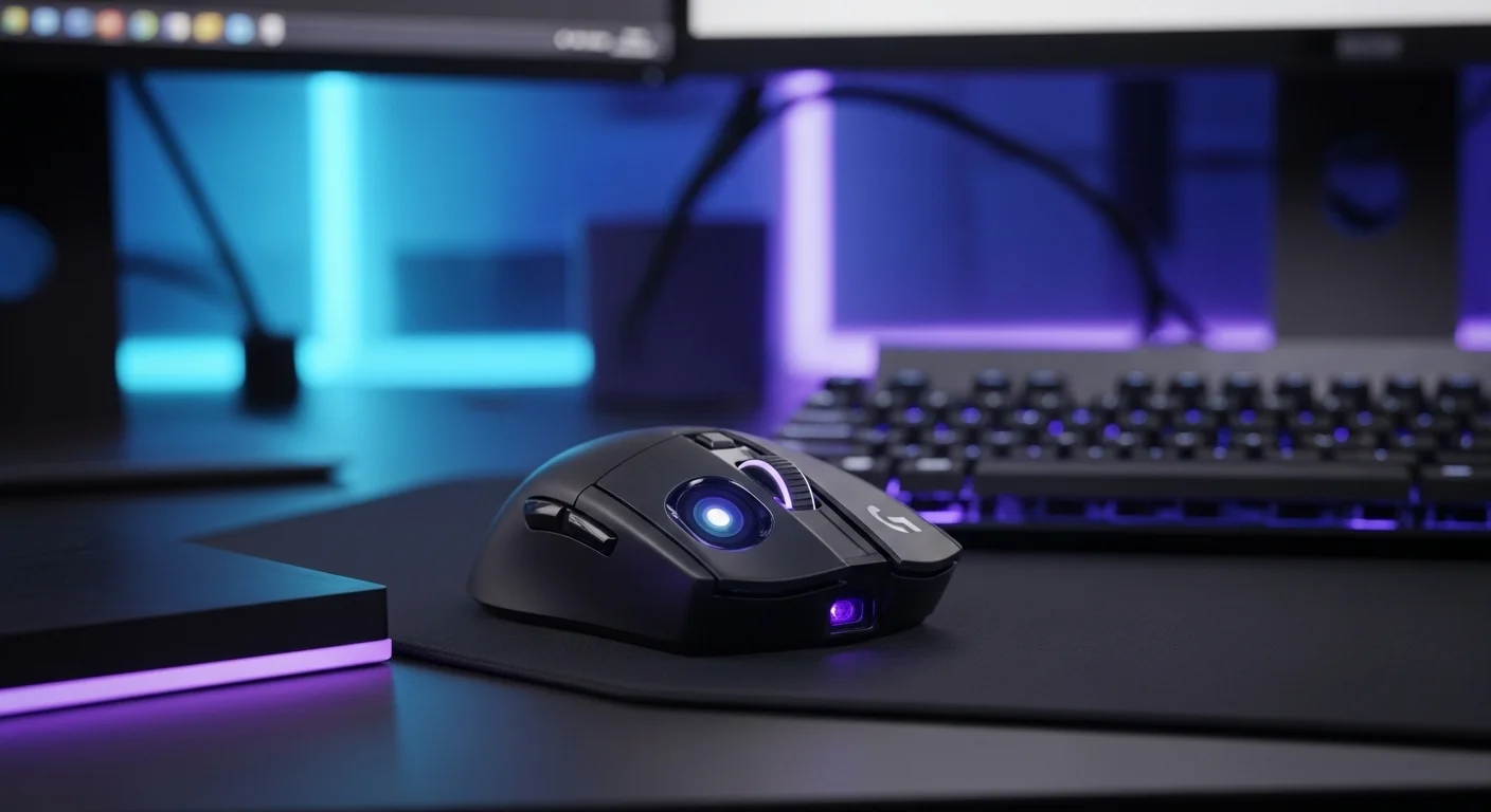 Detalle del sensor G305 HERO en un setup de computadoras de oficina, mostrando su versatilidad en entornos profesionales y tecnológicos.