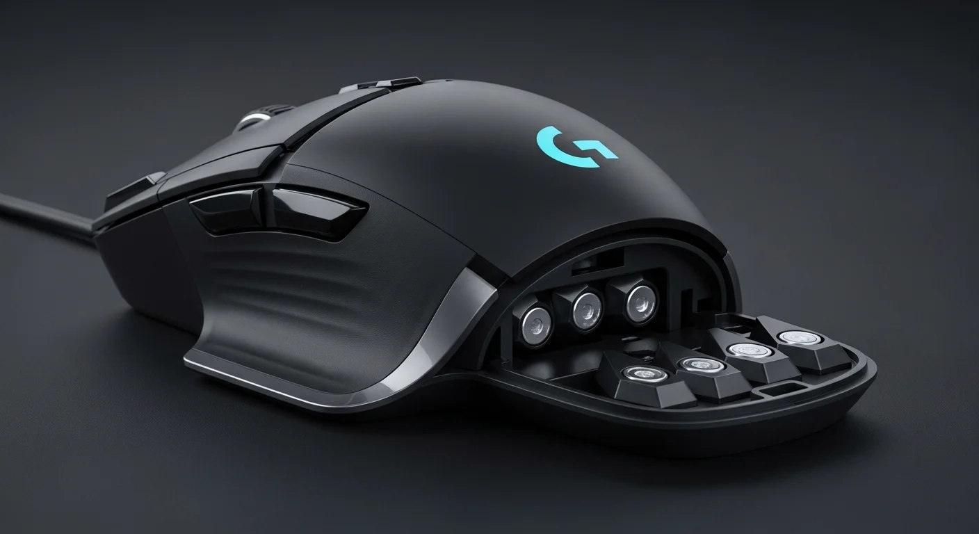 Detalle del sistema de pesos ajustables del mouse Logitech G502 Hero, mostrando las cinco pesas y el compartimento inferior