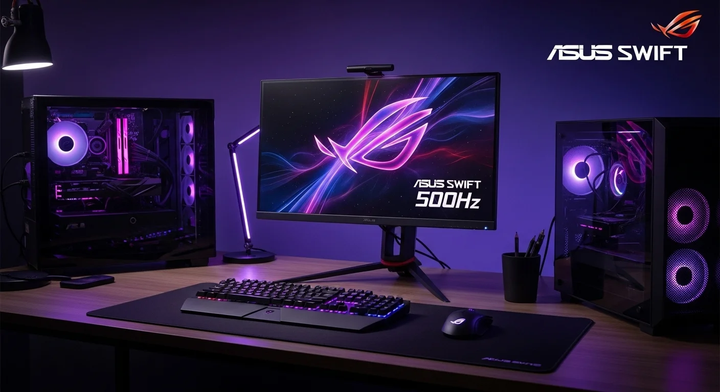 Un setup completo de computadora para gaming con un monitor Asus ROG Swift 500Hz en el centro, teclado y ratón iluminados, reflejando un ecosistema de tecnología avanzada.