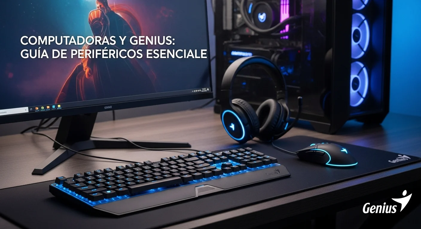 Escritorio gamer con teclado, mouse y audífonos iluminados de la serie Genius GX, mostrando un ambiente de juego inmersivo.