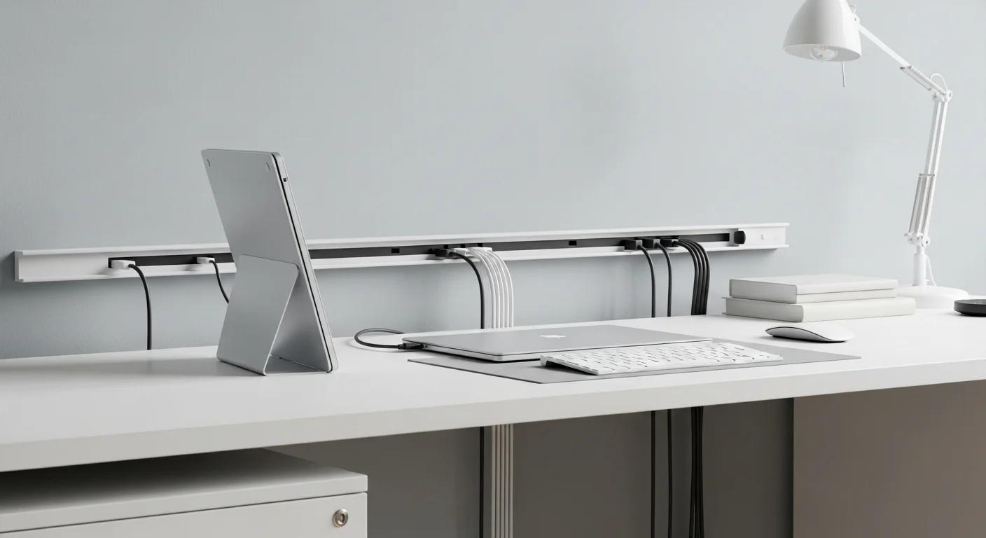 Escritorio de oficina moderno y limpio con una gestión de cables organizada, mostrando un ecosistema tecnológico eficiente.