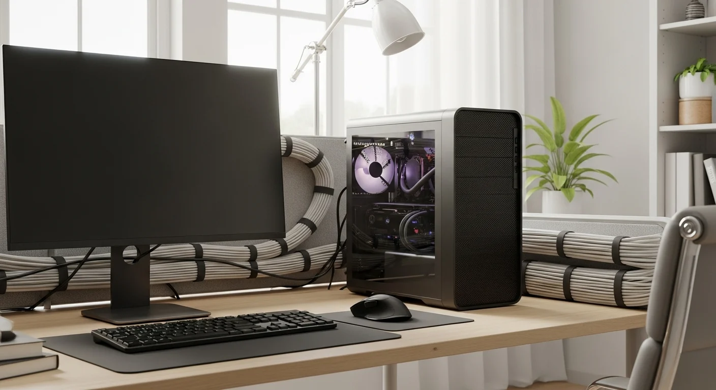 Escritorio de oficina ordenado con una computadora y periféricos, mostrando una excelente gestión de cables eléctricos.