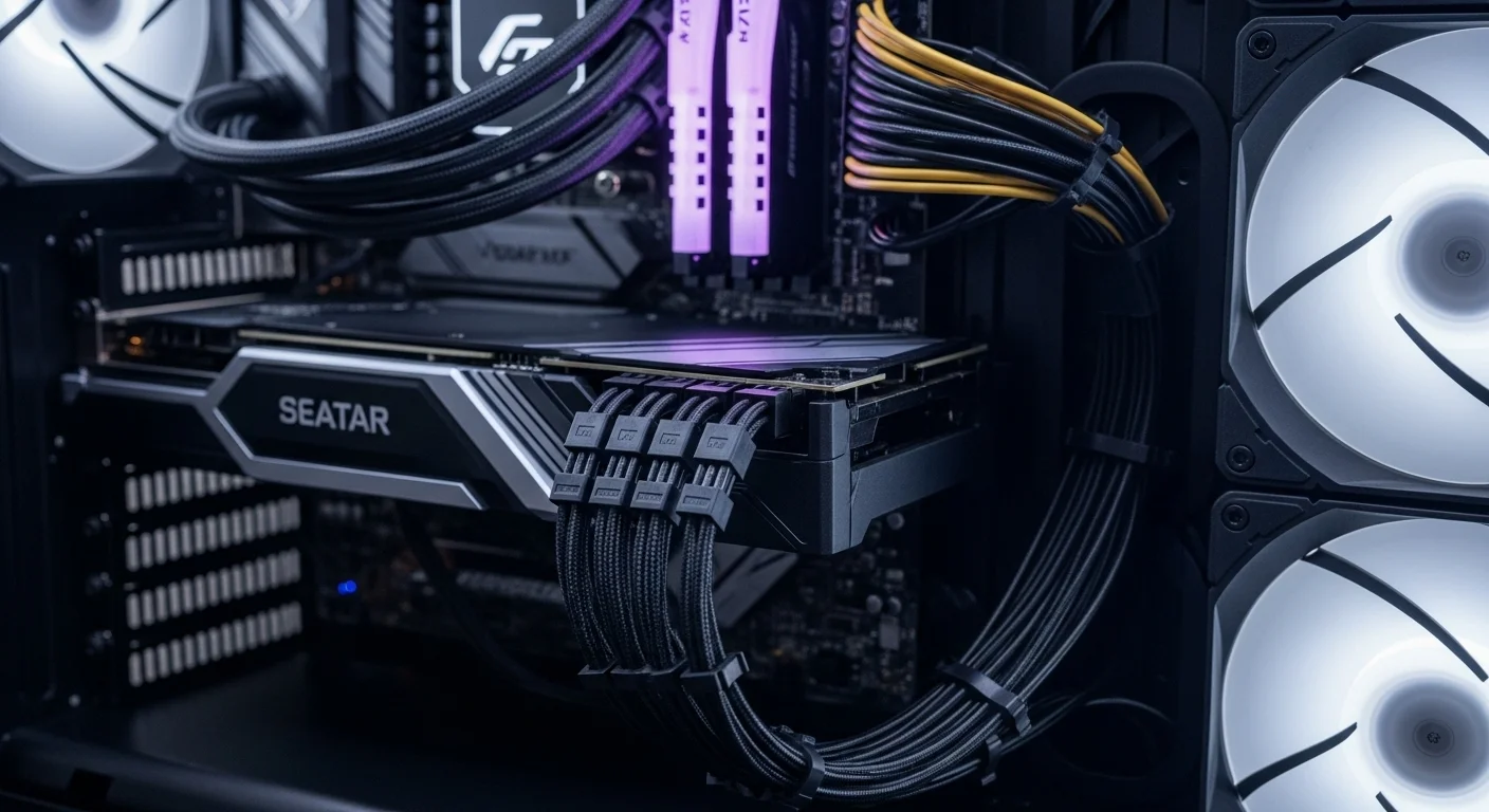 Interior de una computadora de alto rendimiento con una gestión de cables impecable, mostrando conectores de alimentación PCIe y SATA organizados.