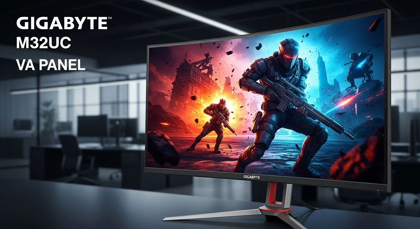 Primer plano del monitor curvo para juegos Gigabyte M32UC mostrando una escena de acción vibrante, destacando su panel VA y su diseño inmersivo.