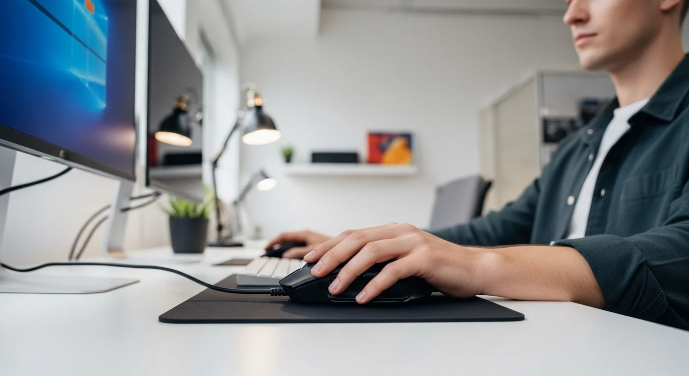 Segunda imagen enfocada en la ergonomía del mouse Glorious Model D, mostrando cómo se adapta a la mano de un usuario en un entorno de oficina y tecnología.