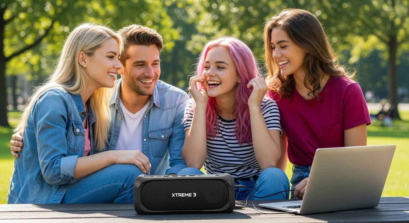 Amigos disfrutando de la música de una bocina Xtreme 3 en un parque, conectada a una computadora portátil para una fiesta.