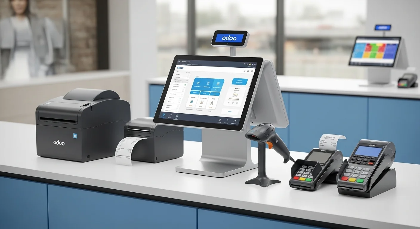Un mostrador de tienda con hardware para Odoo POS, incluyendo una terminal táctil, impresora de recibos, escáner de código de barras y un datáfono.