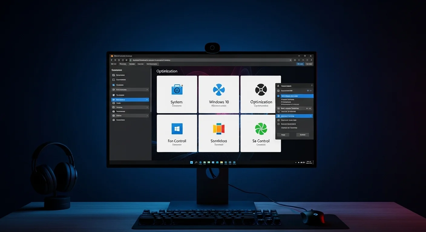 Una captura de pantalla mostrando diversas herramientas de sistema y optimización para Windows 10, como un software de fan control.