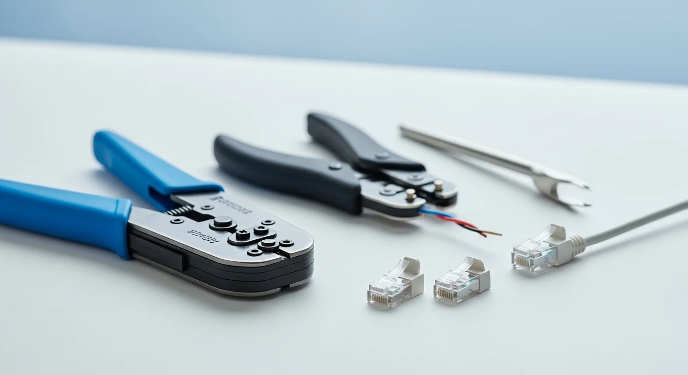 Herramientas para crear un cable directo UTP, incluyendo una crimpadora, pelacables y conectores RJ45.