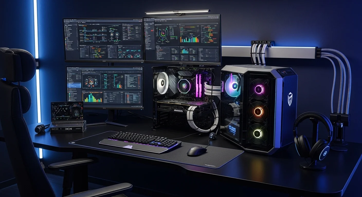 Estación de trabajo de alto rendimiento con múltiples monitores y potentes computadoras, que requiere una infraestructura eléctrica robusta.