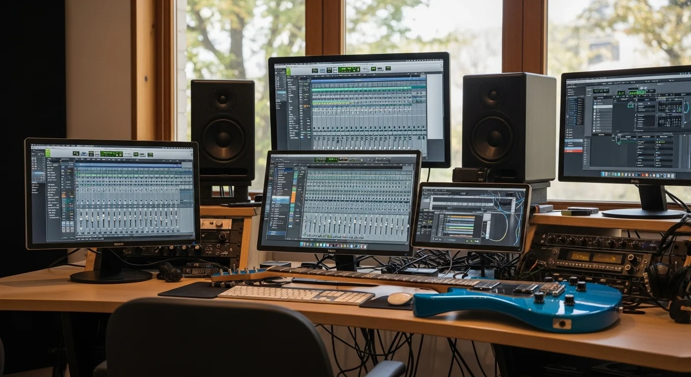 Escritorio de un home studio moderno con múltiples pantallas de computadora, bocinas de monitor, y una guitarra eléctrica, mostrando un entorno de producción tecnológica.