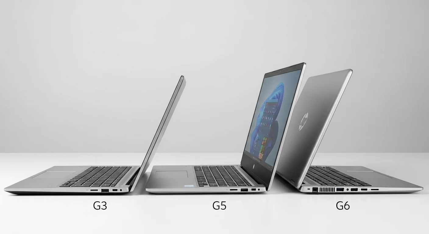 Una composición de varias computadoras HP 255, desde el modelo G3 hasta el G6, mostrando la evolución del diseño.