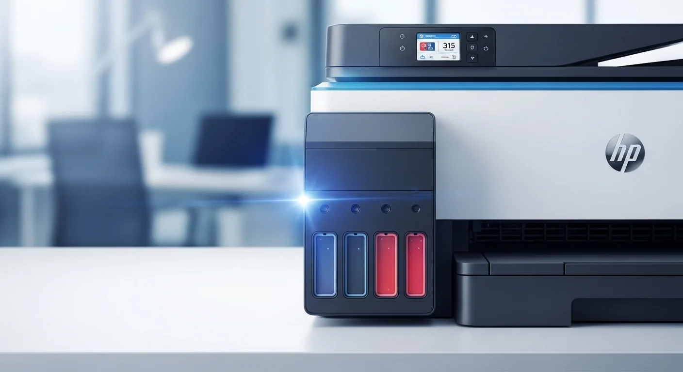 Detalle de los tanques de tinta recargables de la HP Ink Tank 315, mostrando su innovador sistema de bajo costo por página, ideal para computadoras.