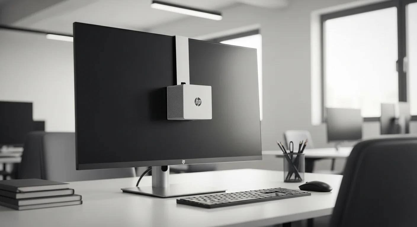 Un mini cpu hp 705 g3 mini montado detrás de un monitor en un entorno de oficina moderno, destacando el ahorro de espacio y el diseño minimalista.