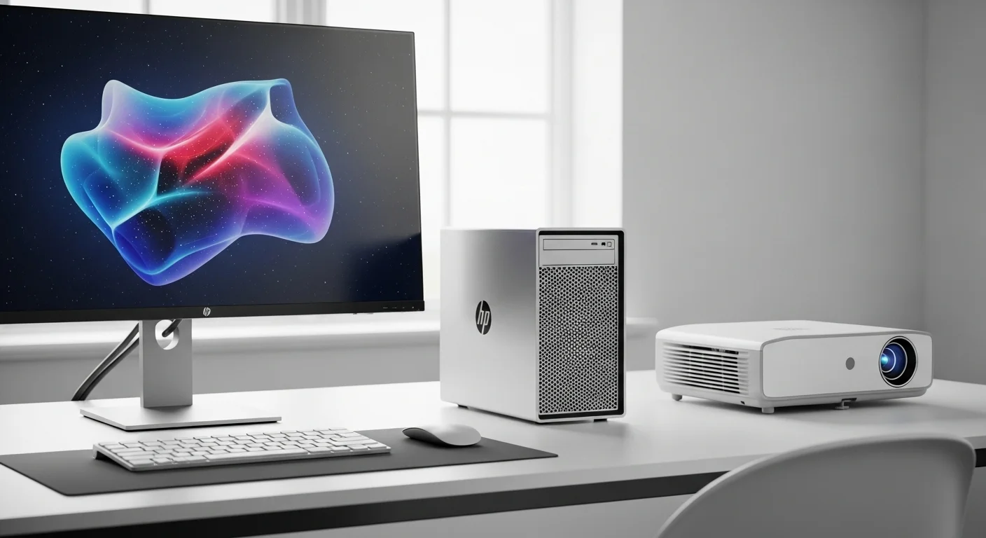 La computadora HP 8000 Elite SFF colocada discretamente en un escritorio de oficina moderno junto a un monitor, teclado y un proyector.