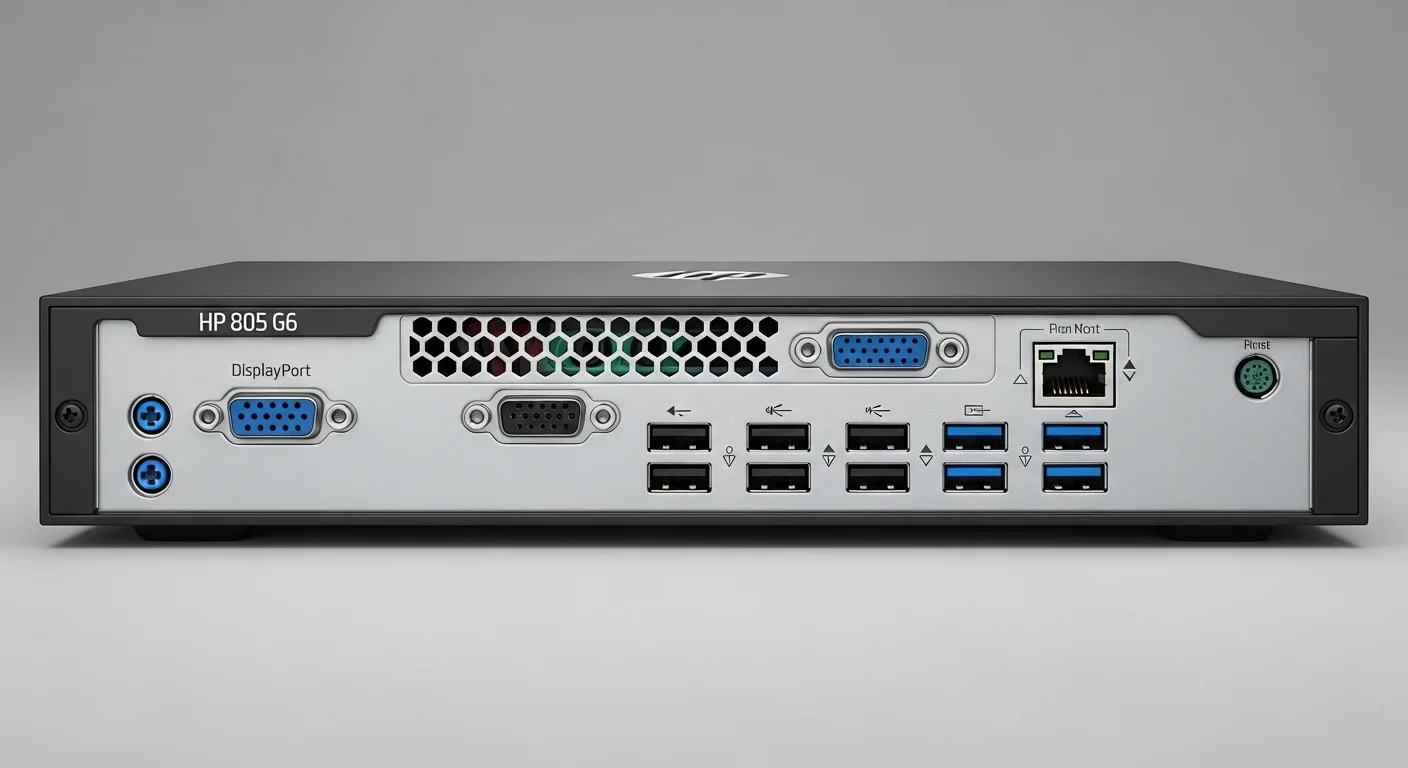 Panel trasero de una computadora HP 805 G6 mostrando la variedad de puertos de conectividad, incluyendo USB, DisplayPort y Ethernet.