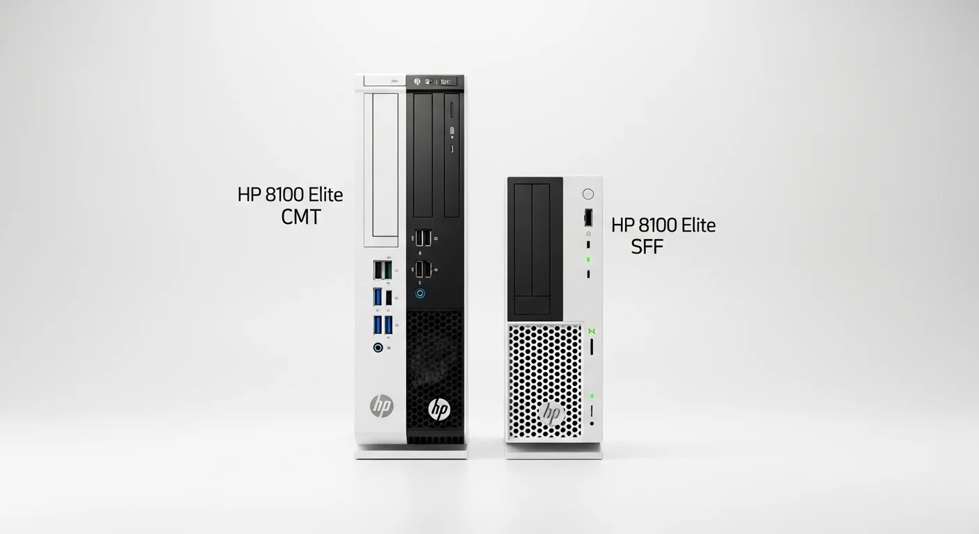 Comparativa de tamaño entre las computadoras HP Compaq 8100 Elite CMT y el modelo SFF, destacando la diferencia de formato.
