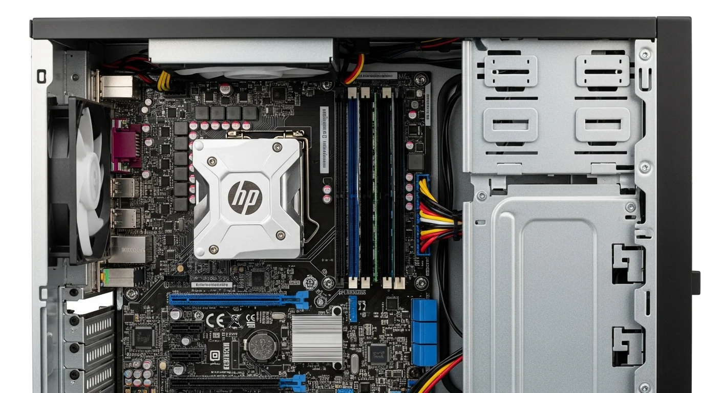 Interior de una computadora HP Compaq Pro 6300 SFF mostrando la placa base, la memoria RAM y las ranuras de expansión.