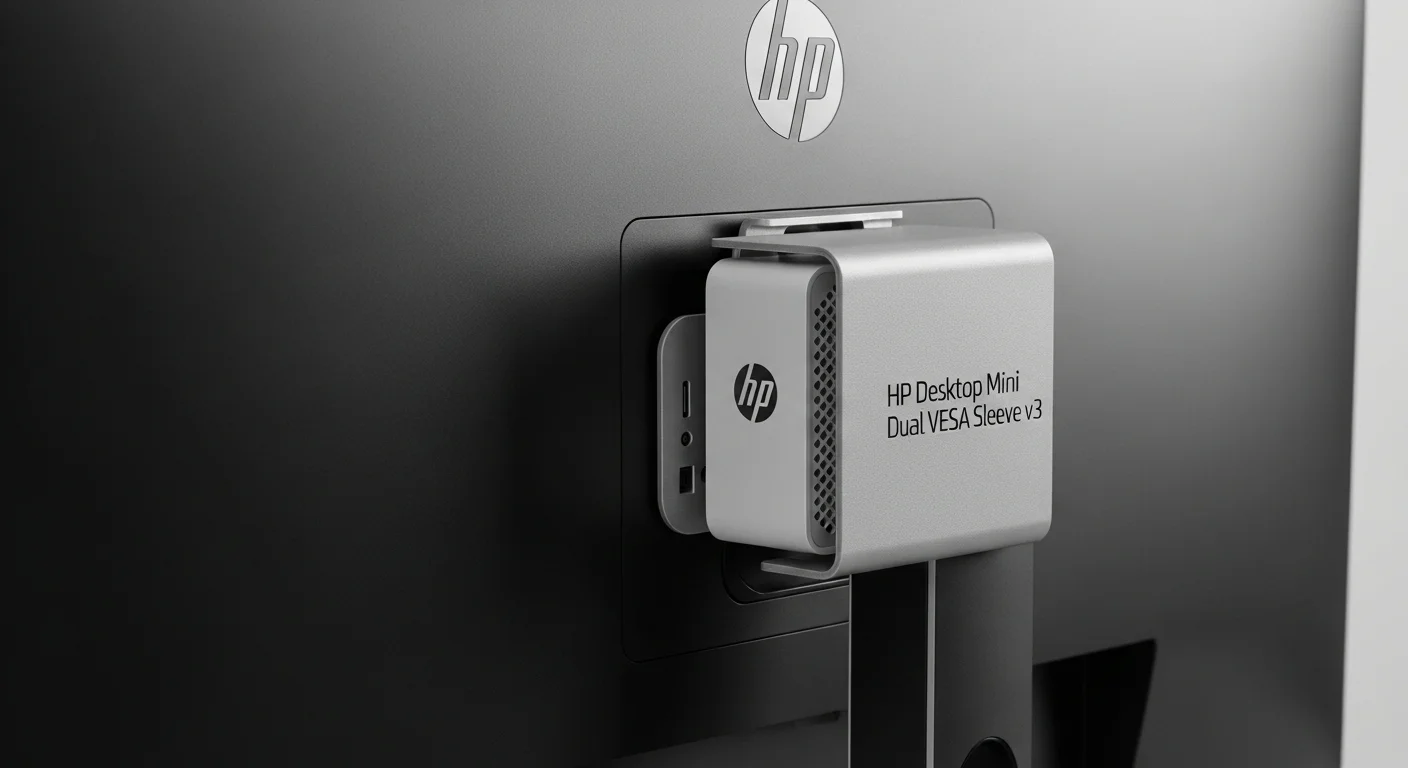 Imagen detallada del HP Desktop Mini Dual VESA Sleeve v3 montado en la parte trasera de un monitor, mostrando una solución de computadoras compacta y ordenada.