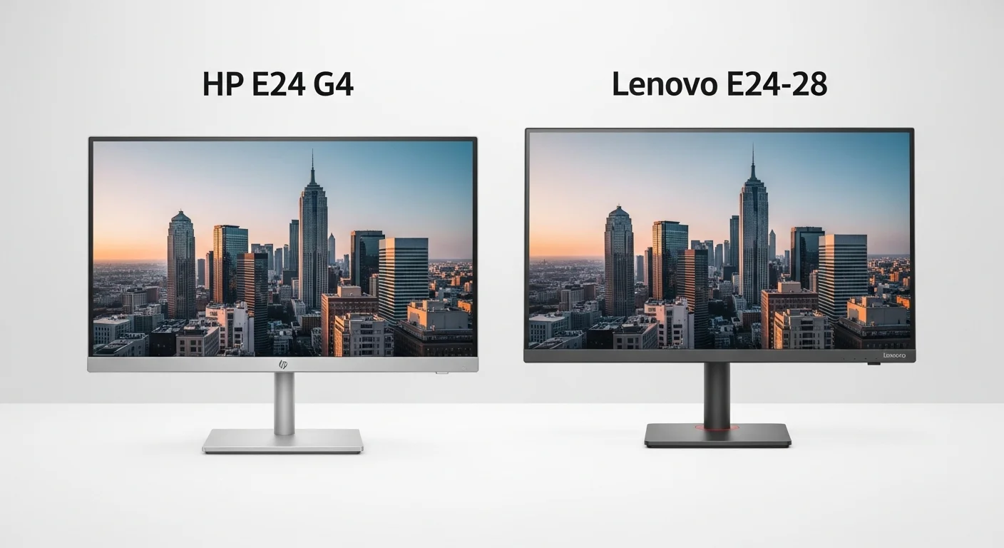 Una comparativa lado a lado del monitor HP E24 G4 y el Lenovo E24-28, mostrando sus diseños y la calidad de imagen para computadoras.