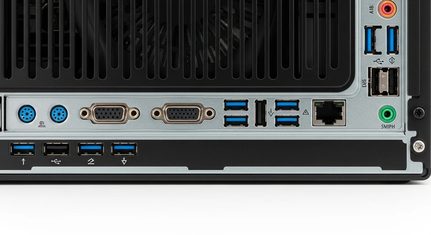 Panel trasero de una computadora HP Elite 8200 SFF mostrando la variedad de puertos, incluyendo USB, DisplayPort, VGA y Ethernet.