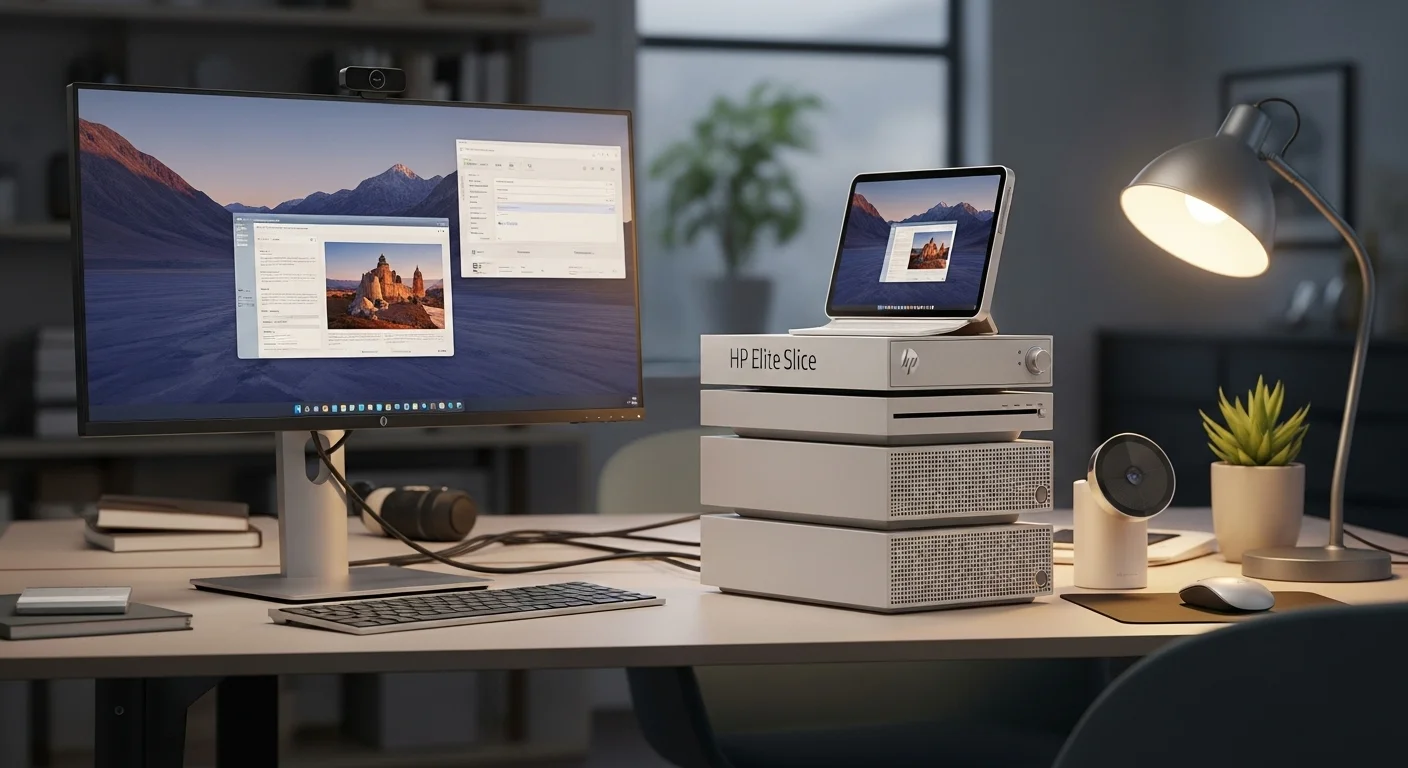 El innovador HP Elite Slice con sus módulos apilables, destacando su diseño para colaboración en salas de reuniones.
