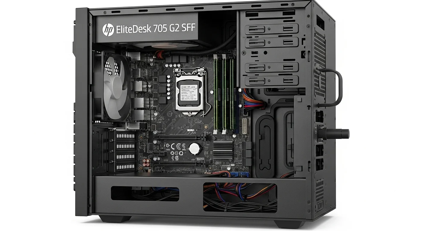 Interior de una computadora HP EliteDesk 705 G2 SFF mostrando la placa base, la memoria RAM y las ranuras de expansión disponibles para actualización.