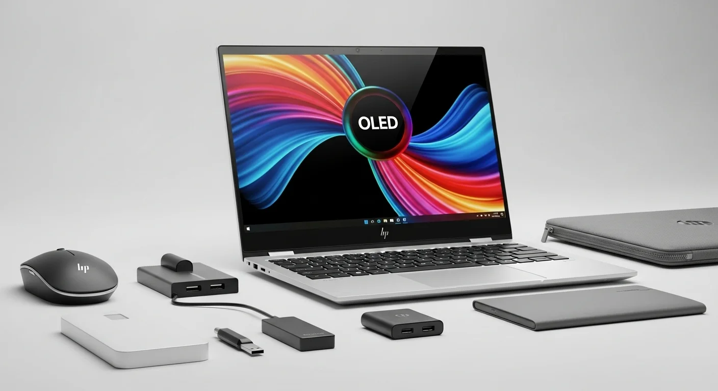 Primer plano de la pantalla OLED de una laptop HP Envy x360 15, destacando sus colores vibrantes junto a varios accesorios tecnológicos.
