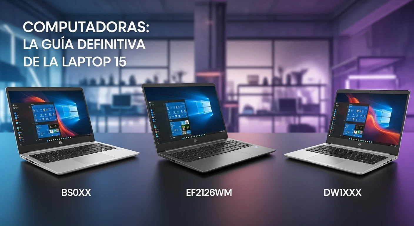 Composición de varios modelos de la serie HP Laptop 15, incluyendo la bs0xx, ef2126wm y dw1xxx, mostrando su diversidad de diseño.