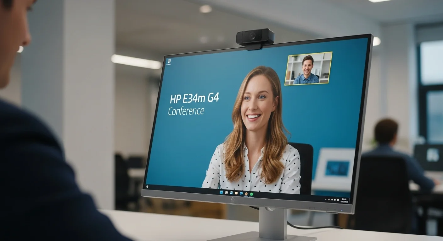 Primer plano del monitor de conferencias HP E34m G4 con su webcam emergente activada durante una videollamada, ejemplificando la tecnología avanzada en computadoras y periféricos G4.