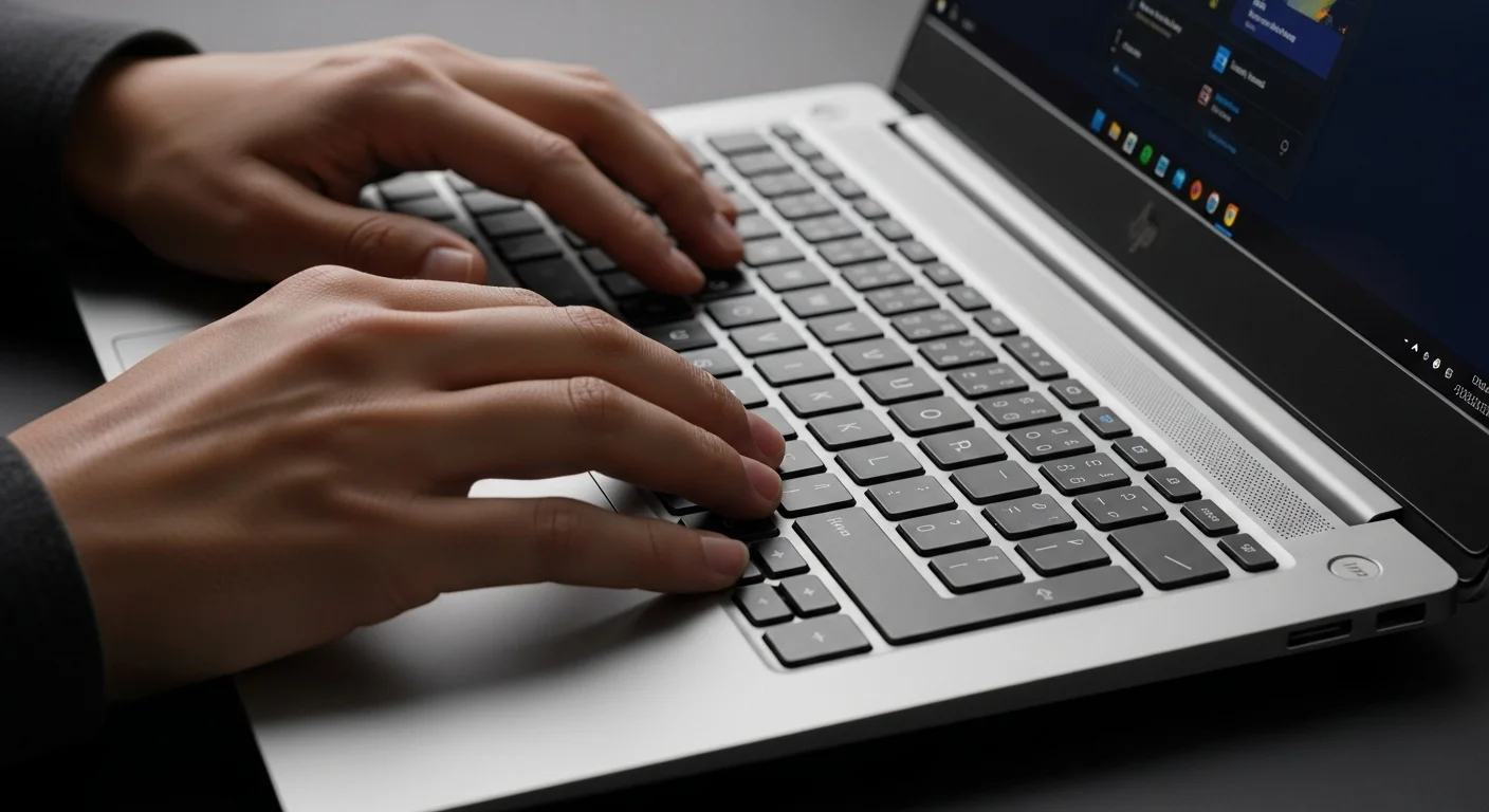 Imagen de primer plano de un usuario escribiendo en un hp pavilion 15 notebook pc, destacando el teclado y el diseño del chasis de aluminio.