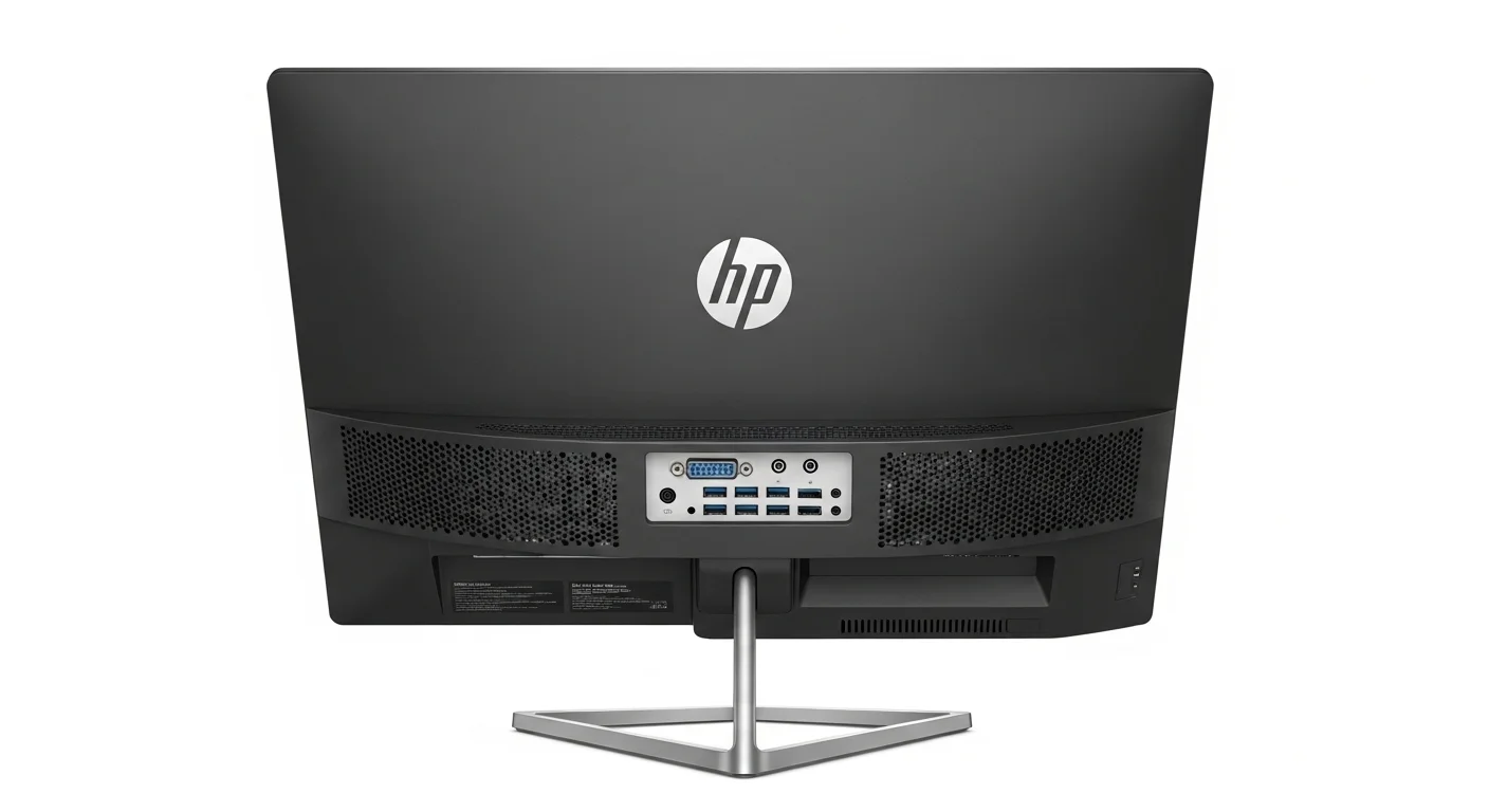 Vista trasera de una computadora all in one HP Pavilion 24, destacando la conectividad de puertos y el soporte.