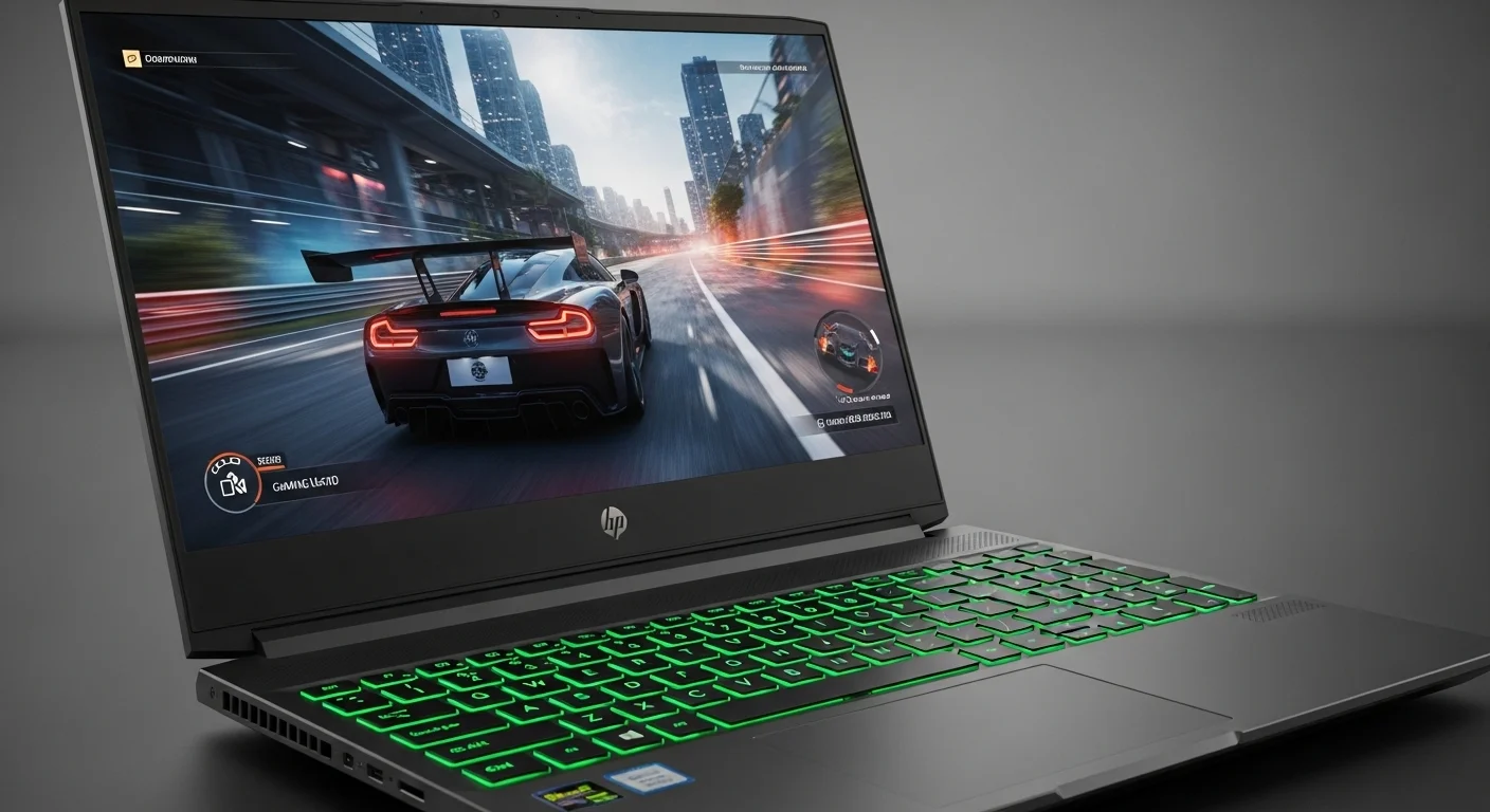 Imagen de primer plano de la HP Pavilion Gaming Laptop con el teclado retroiluminado en verde y una escena de un videojuego en la pantalla.