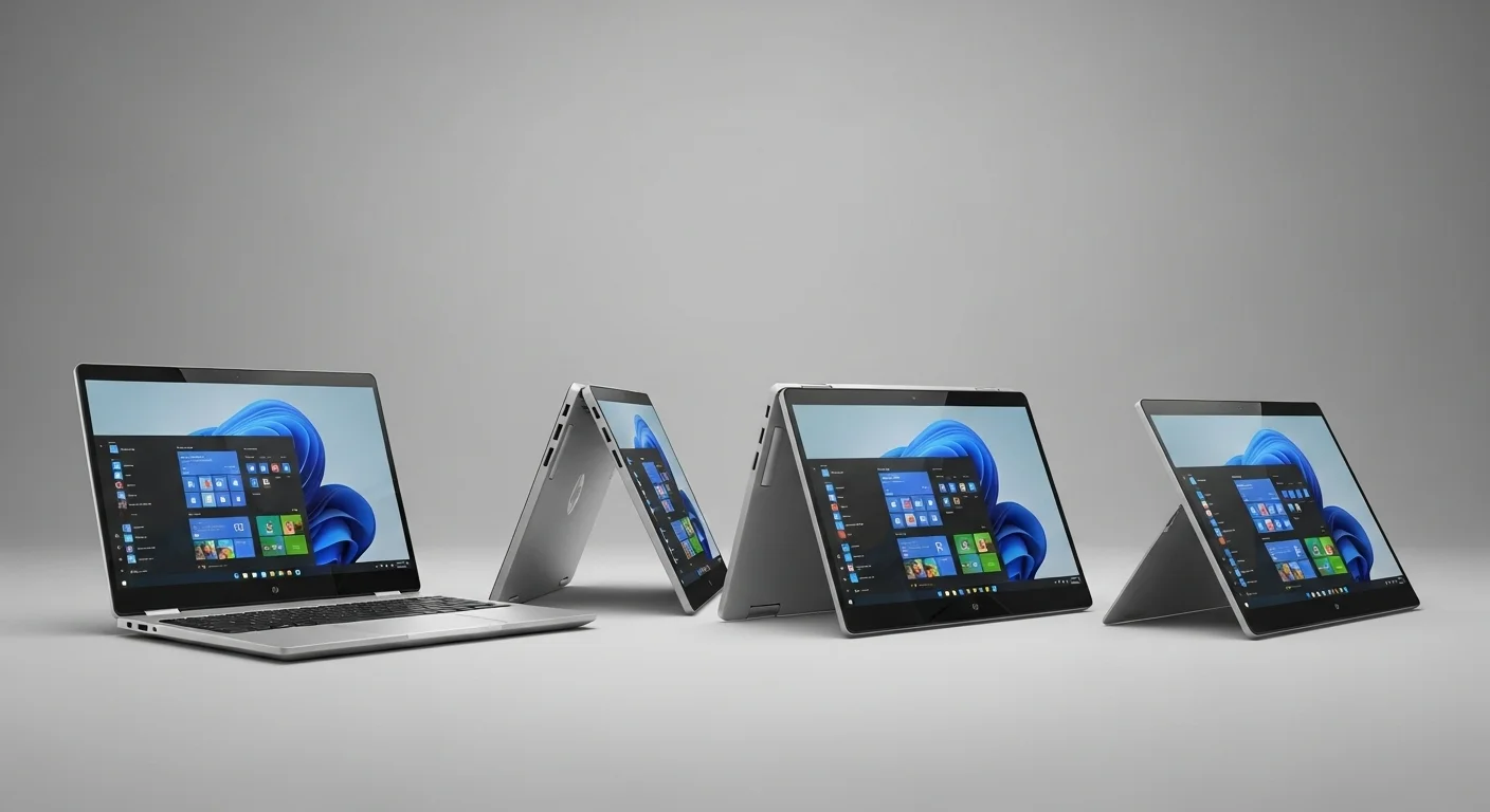 Composición de imágenes mostrando el HP Pavilion X360 en sus cuatro modos: laptop, tablet, atril y tienda. Simboliza la versatilidad de estas computadoras convertibles.