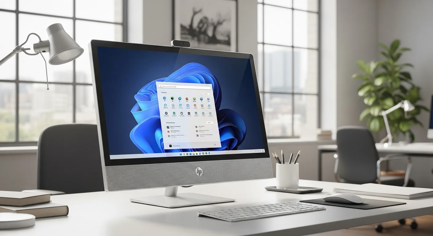 Computadora All-in-One HP Pro One 400 G1 en un escritorio de oficina limpio y moderno, demostrando su diseño integrado.