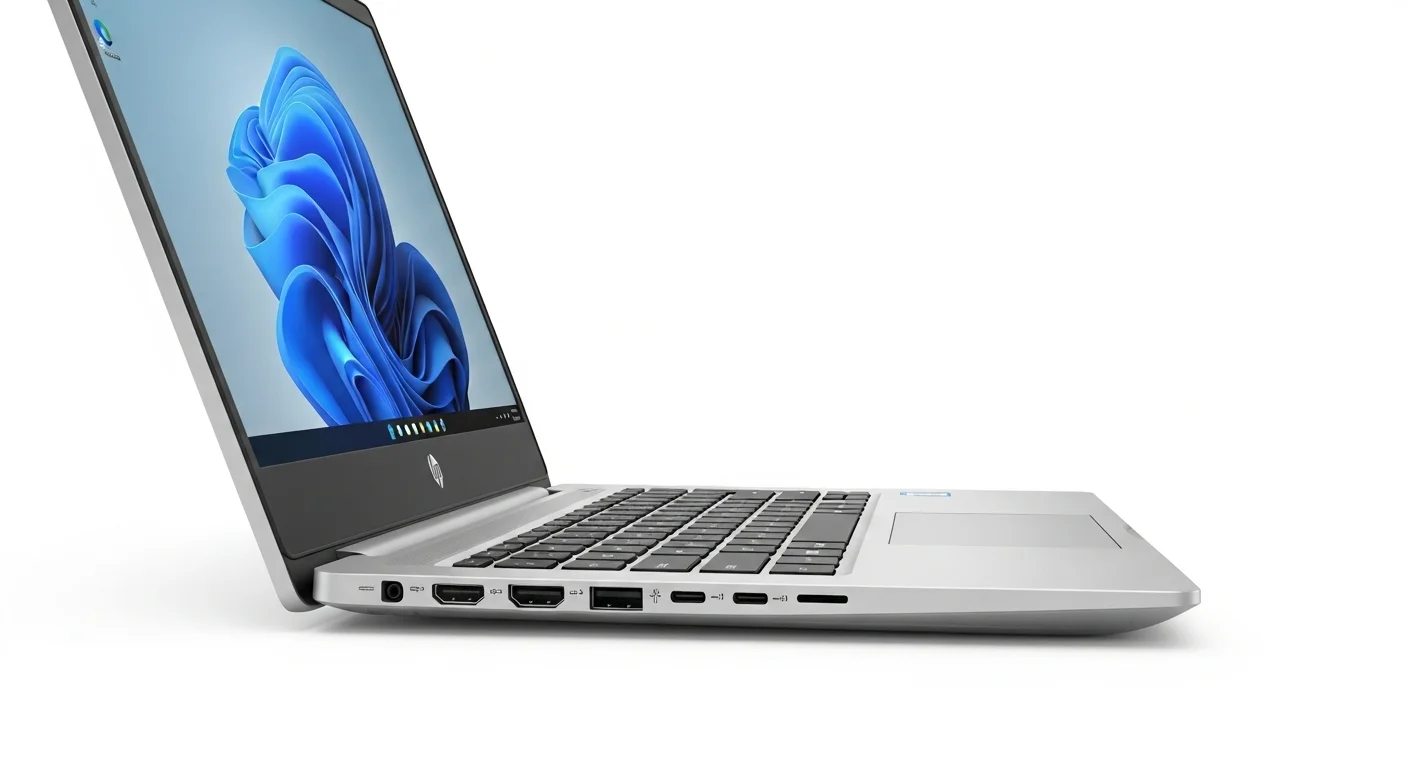 Vista lateral de una laptop HP ProBook 445 G9, detallando su variedad de puertos de conectividad para el entorno empresarial.