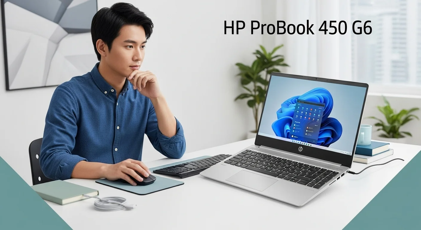 Un profesional trabajando en un portátil hp probook 450 g6, destacando su teclado y pantalla en un escritorio con accesorios tecnológicos.