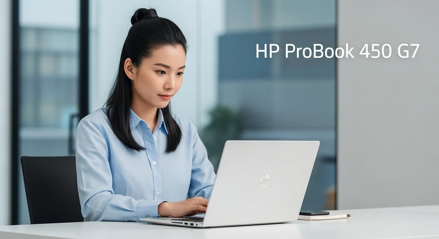 Un profesional utilizando una computadora portátil hp probook 450 g7 en un entorno de oficina moderno, destacando su uso en el ámbito de la tecnología empresarial.