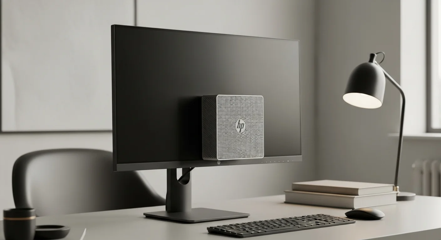 La computadora HP Prodesk 400 G4 Desktop Mini PC montada detrás de un monitor en un escritorio de oficina limpio y moderno.