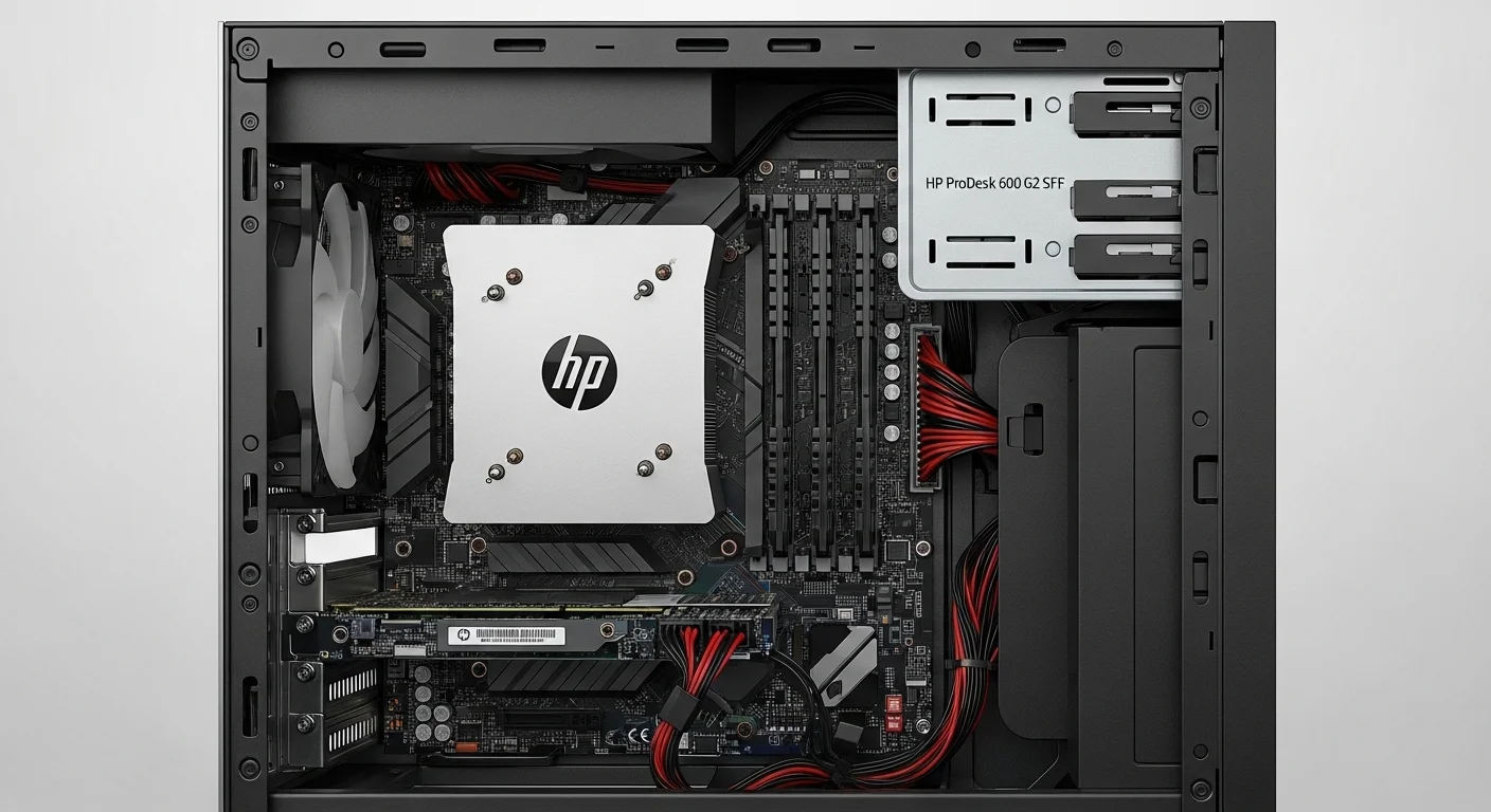 Interior de una computadora HP ProDesk 600 G2 SFF mostrando las ranuras de RAM, el procesador y las opciones de expansión.