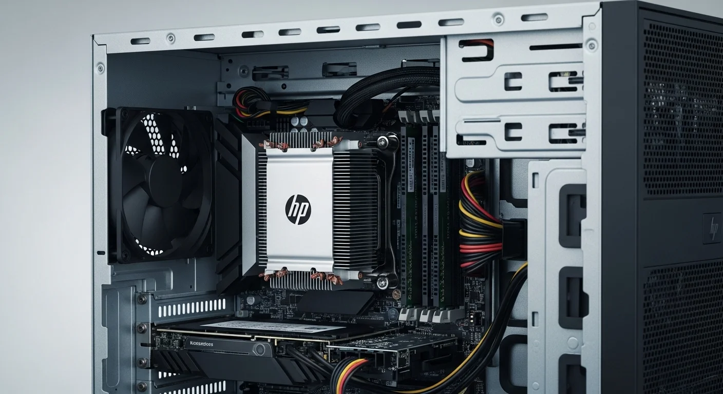 Vista interior de una computadora HP ProDesk 600 G3 SFF mostrando las ranuras de RAM, el disipador del CPU y las opciones de expansión.