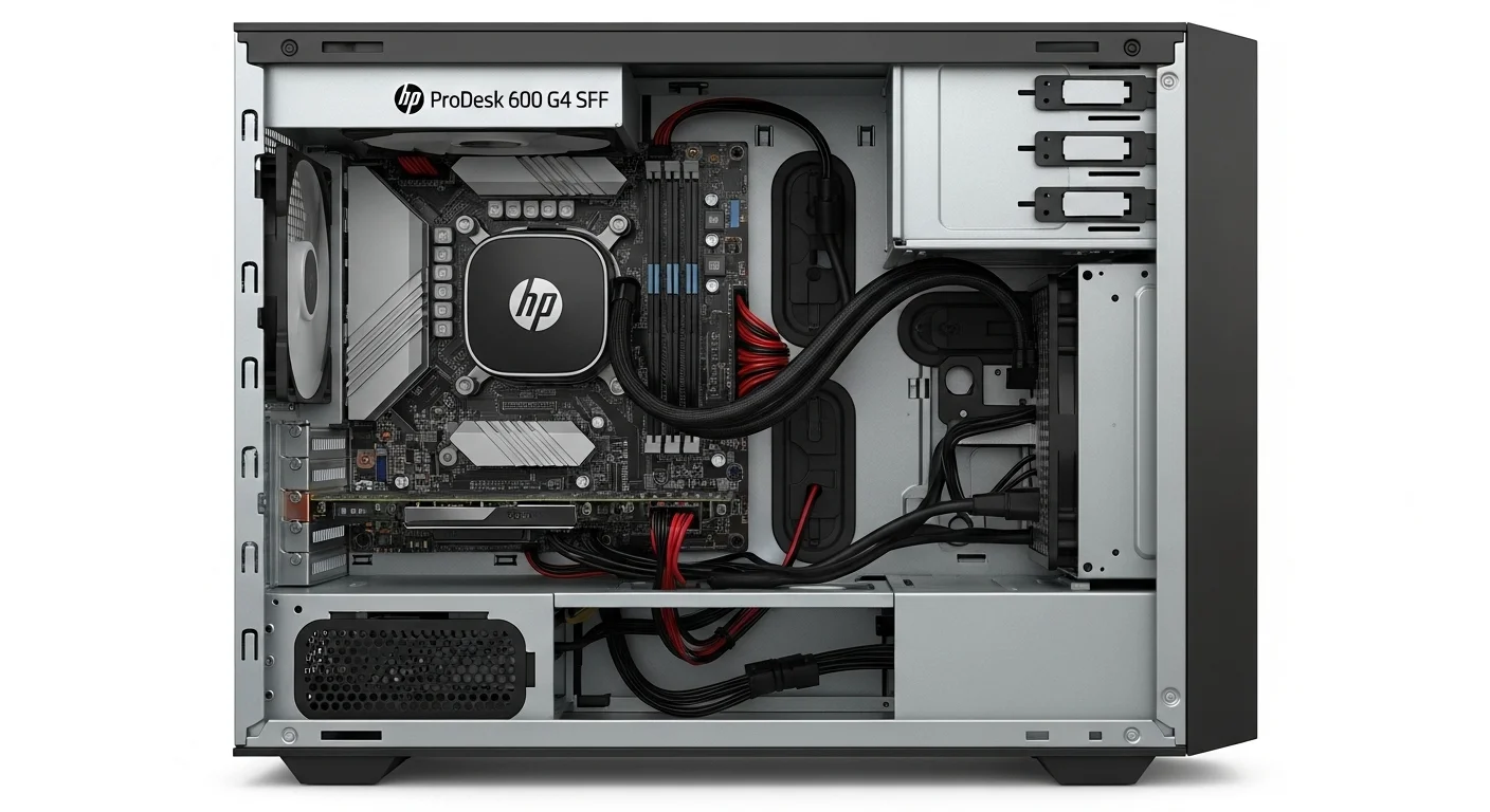 Vista interior de una computadora HP ProDesk 600 G4 SFF mostrando sus componentes y capacidad de expansión.