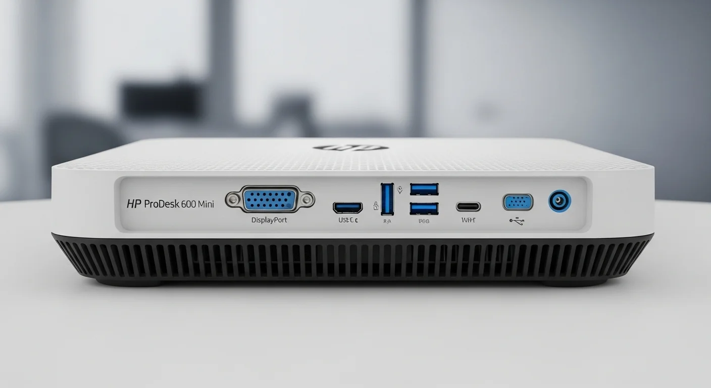 Vista trasera de la computadora HP ProDesk 600 G6 Mini mostrando su variedad de puertos de conectividad, incluyendo DisplayPort y USB-C.