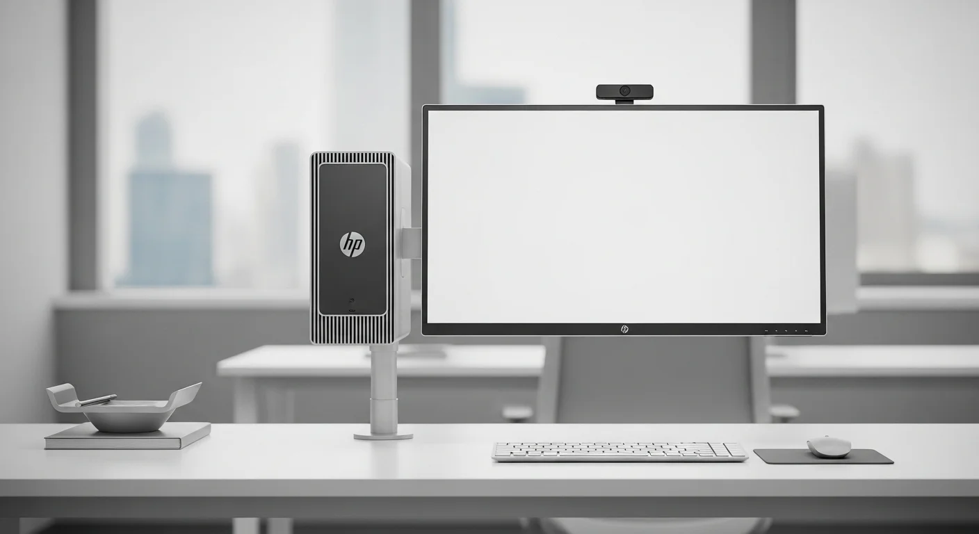 Un escritorio de oficina limpio con un HP Prodesk 600 Mini montado detrás de un monitor, mostrando un setup minimalista y eficiente.