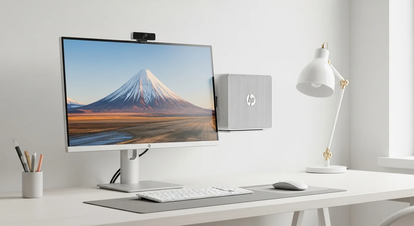 Un setup de escritorio minimalista con un Hp ProDesk i3 Mini PC montado detrás de un monitor, destacando su diseño compacto y eficiente.