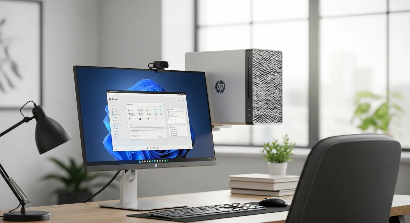 Un HP ProDesk Mini PC montado detrás de un monitor, mostrando un espacio de trabajo limpio y eficiente con tecnología de computadoras HP.