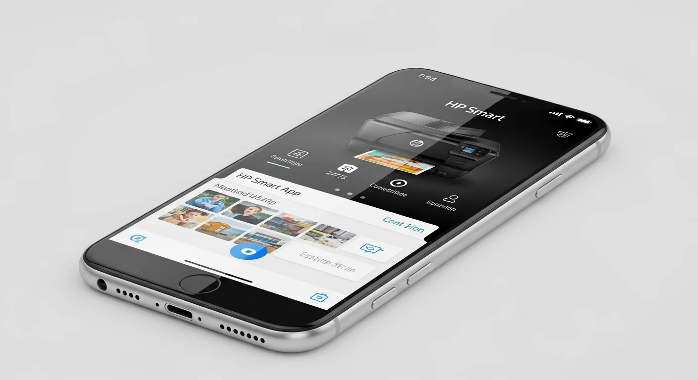 Smartphone mostrando la interfaz de la aplicación HP Smart para controlar la impresora 2775, destacando la conectividad y tecnología moderna.